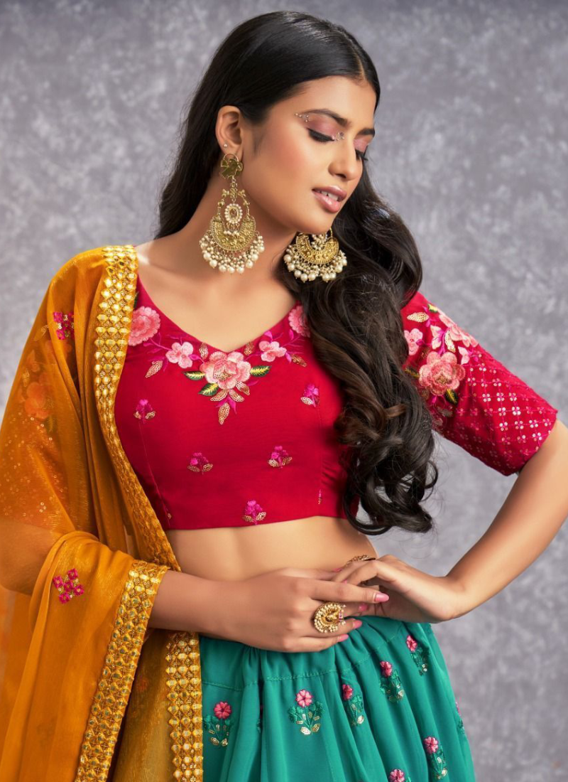 Beautiful Firozi Blue Floral Thread Work Georgette Lehenga Choli