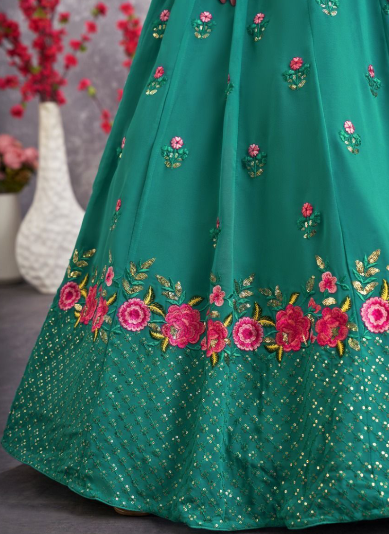 Beautiful Firozi Blue Floral Thread Work Georgette Lehenga Choli