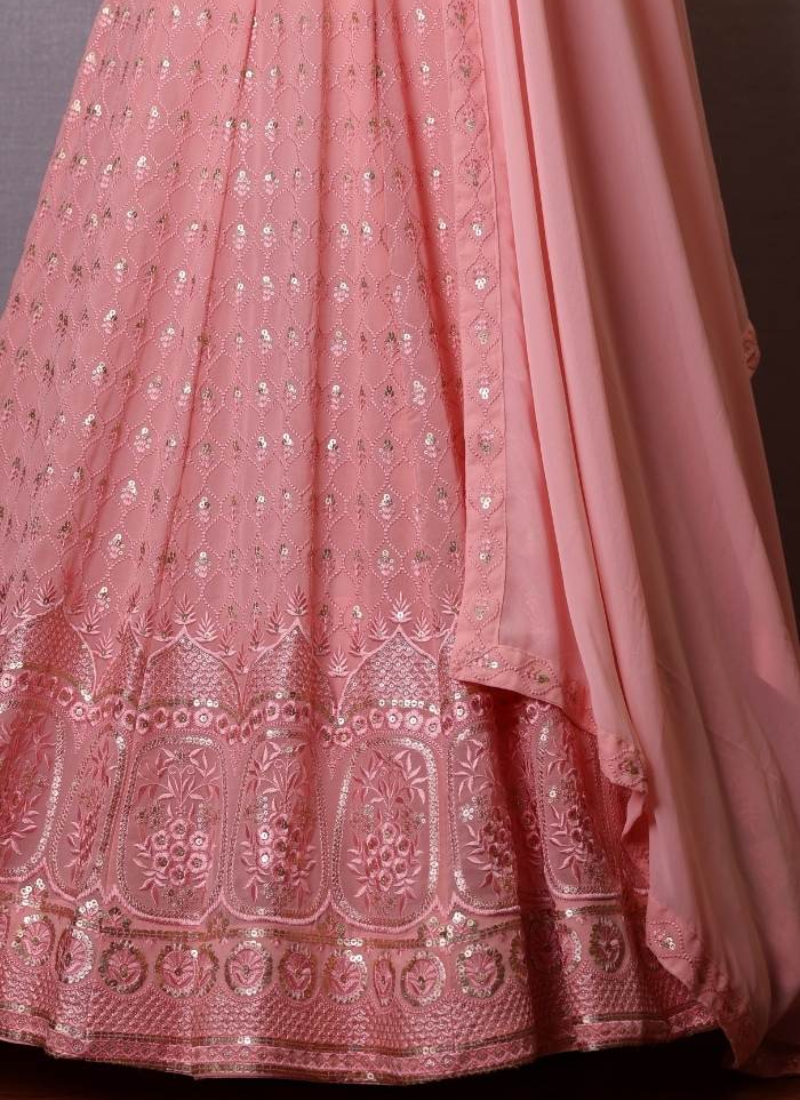 Impressive Light Pink Faux Georgette Thread Embroidered Lehenga