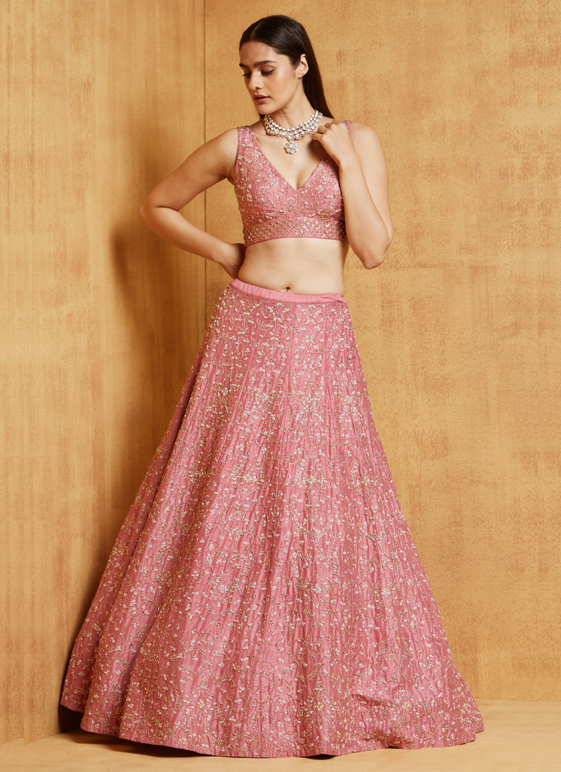 Sequence Work Malai Silk Pink Party Wear Lehenga Choli Design