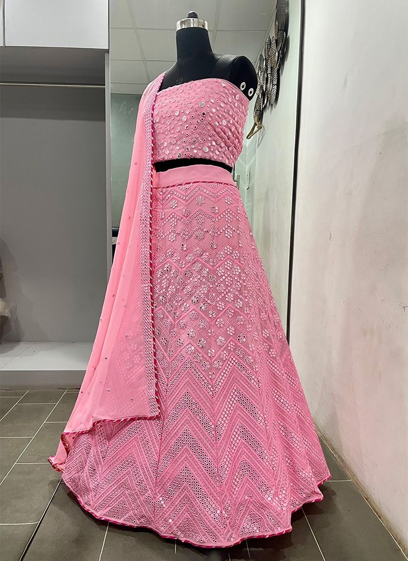 Women's Georgette Pink Lehenga Choli With Thread Embroidery Work