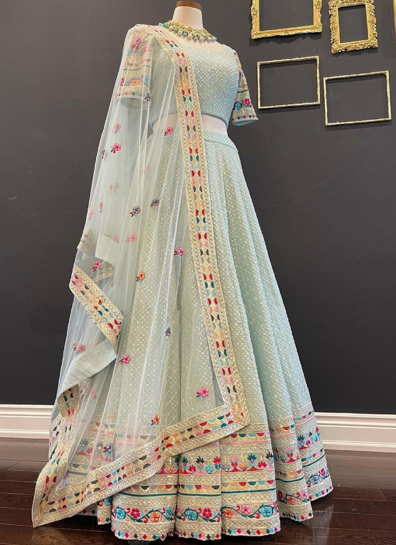 Sky Blue Color Multi Thread Faux Georgette Semi-Stitched Lehenga