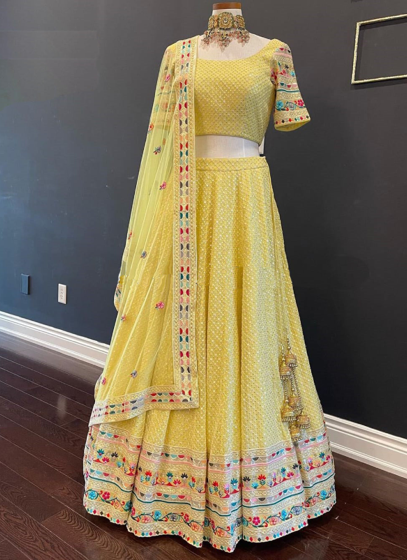 Haldi Special Faux Georgette Yellow Lehenga For Bride