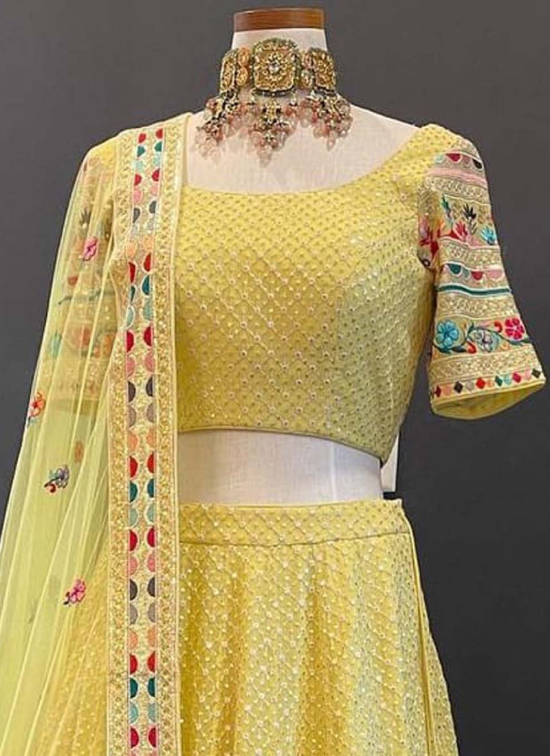 Haldi Special Faux Georgette Yellow Lehenga For Bride