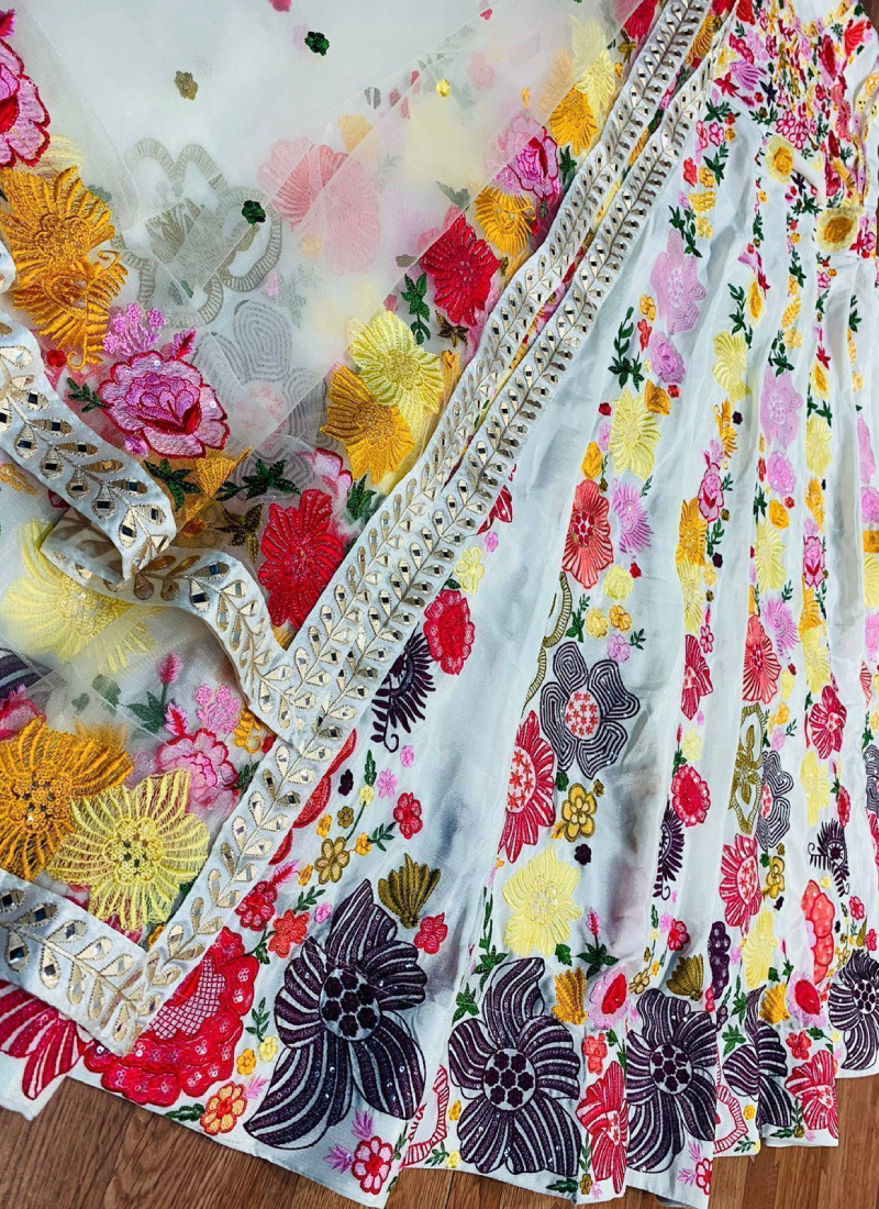 White Color Multi Color Embroidery Work Semi-Stitched Lehenga