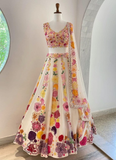 White Color Multi Color Embroidery Work Semi-Stitched Lehenga