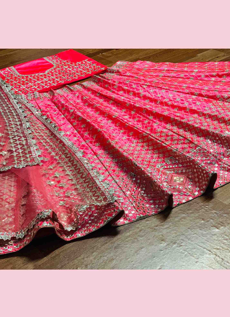Pretty Pink Color Satin Wedding Lehenga For Women