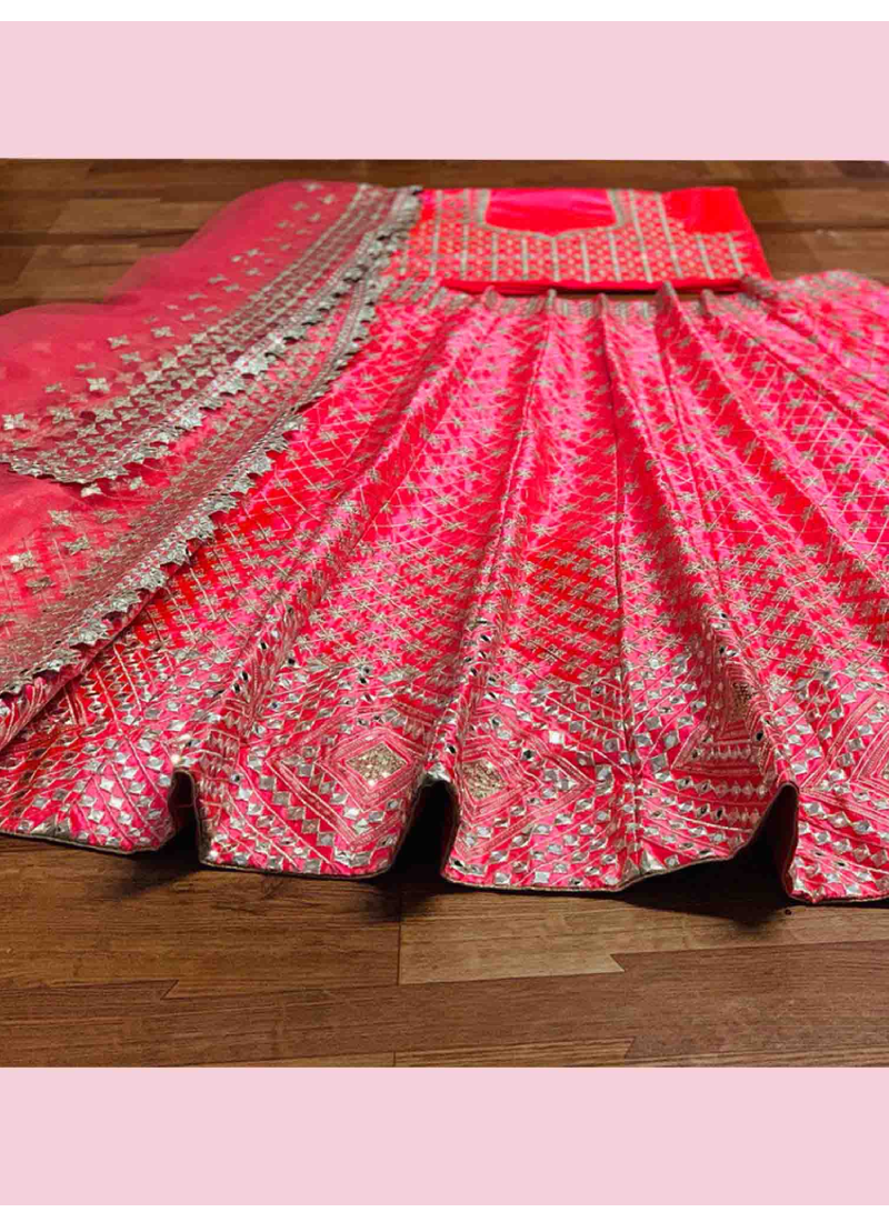 Pretty Pink Color Satin Wedding Lehenga For Women