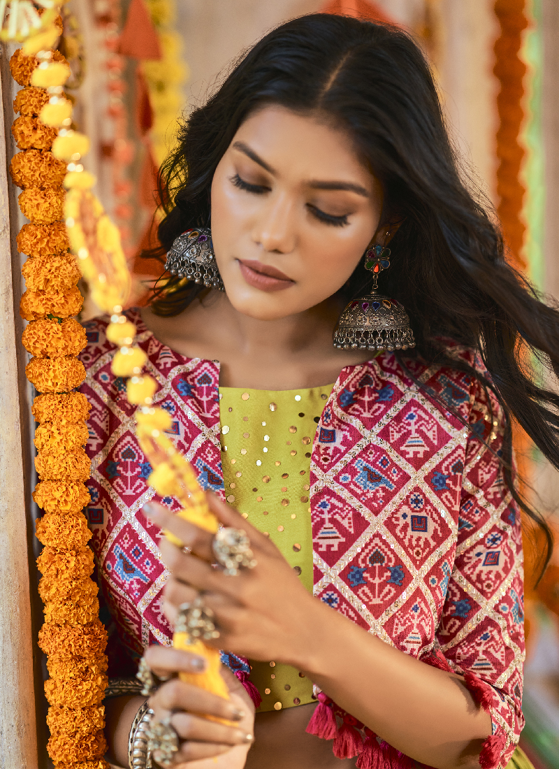 Jacket Style Muslin Cotton Green Navratri Lehenga Choli