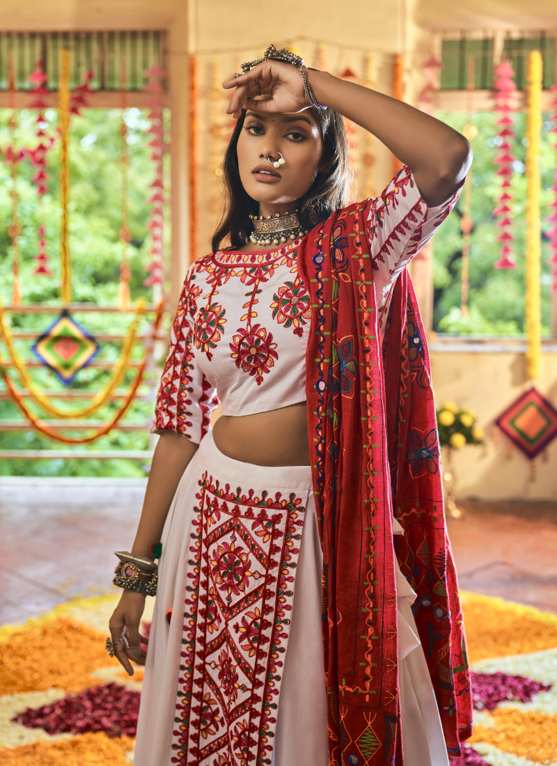 White Muslin Cotton Designer Chaniya Choli For Navratri