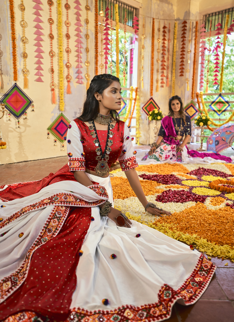 Thread Embroidery Work White Muslin Cotton Chaniya Choli for Navratri