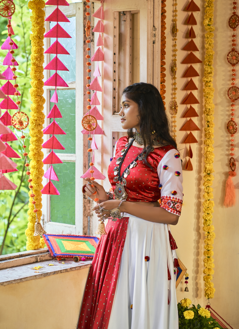 Thread Embroidery Work White Muslin Cotton Chaniya Choli for Navratri