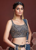 Chinon Silk Embroidery Work Navy Blue Lehenga For Wedding