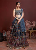 Chinon Silk Embroidery Work Navy Blue Lehenga For Wedding