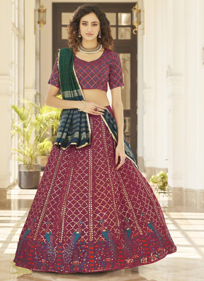 Peacock Design Georgette Deep Pink Kalidar Lehenga Choli