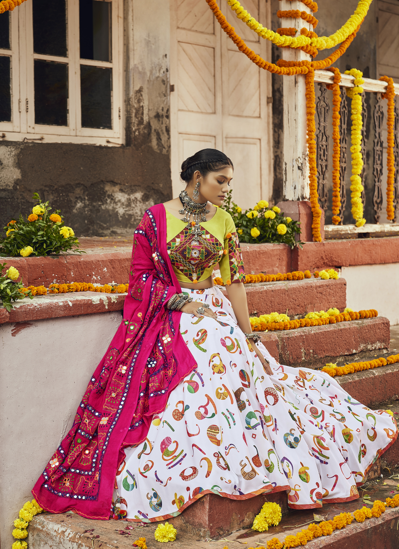 Festive Wear White Muslin Cotton Digital Printed Navratri Choli