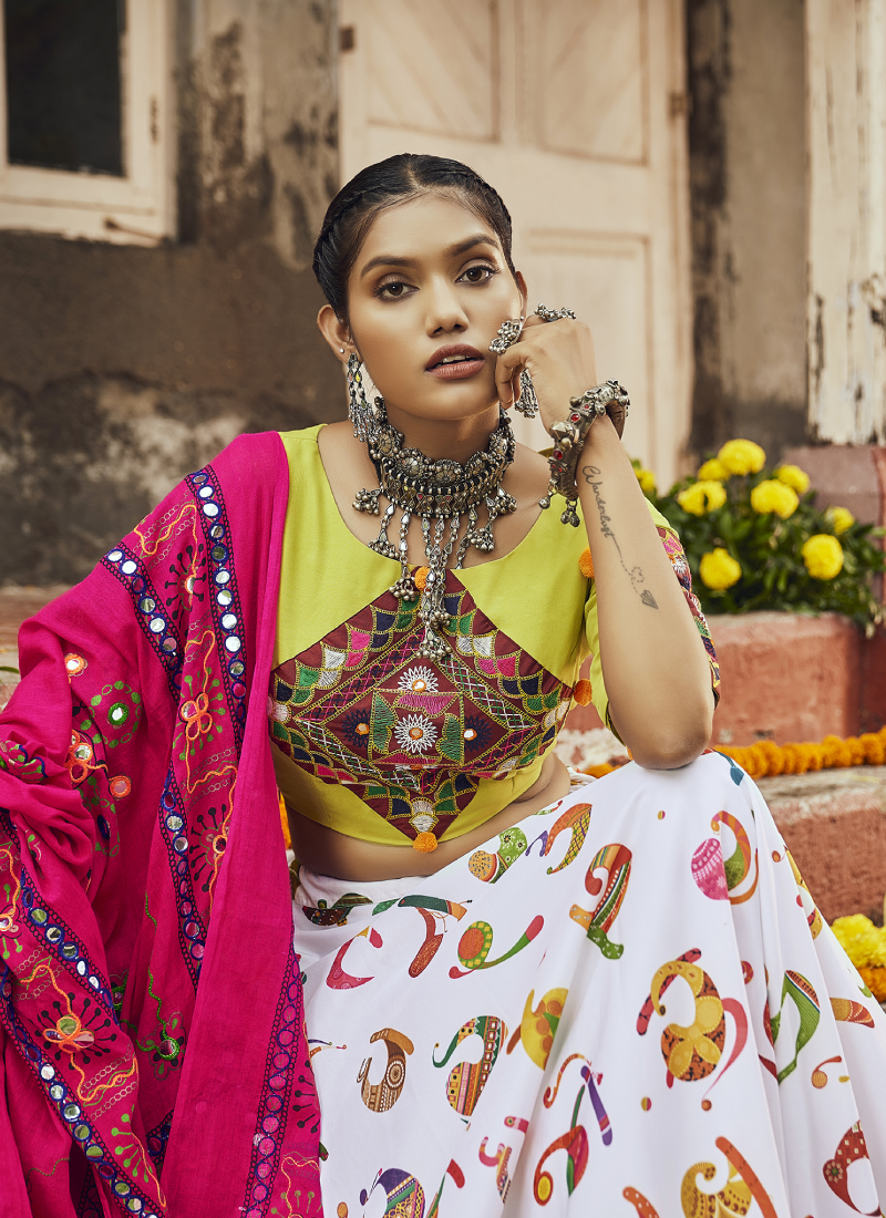 Festive Wear White Muslin Cotton Digital Printed Navratri Choli