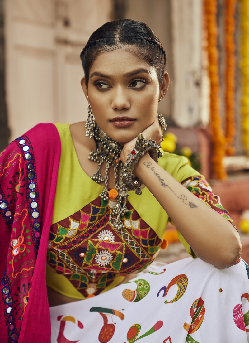 Festive Wear White Muslin Cotton Digital Printed Navratri Choli