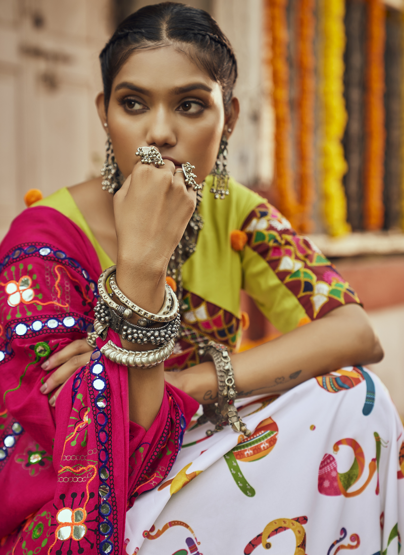 Festive Wear White Muslin Cotton Digital Printed Navratri Choli