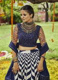 White and Navy Blue Muslin Cotton Chaniya Choli For Navratri