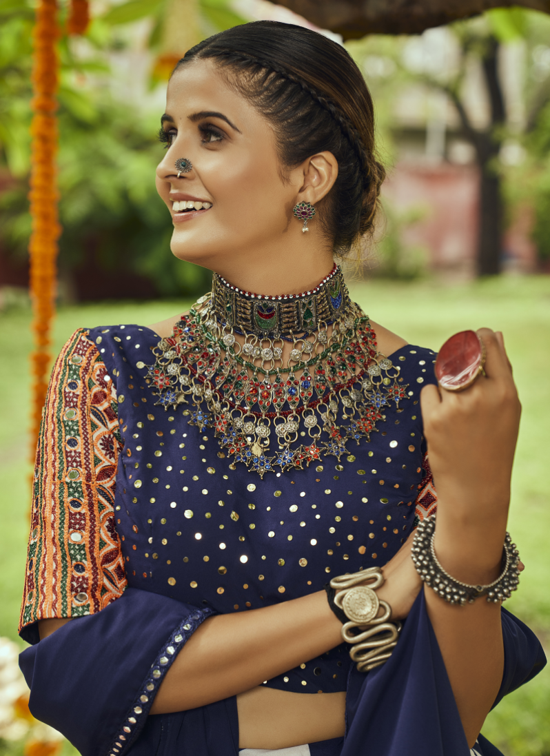 White and Navy Blue Muslin Cotton Chaniya Choli For Navratri