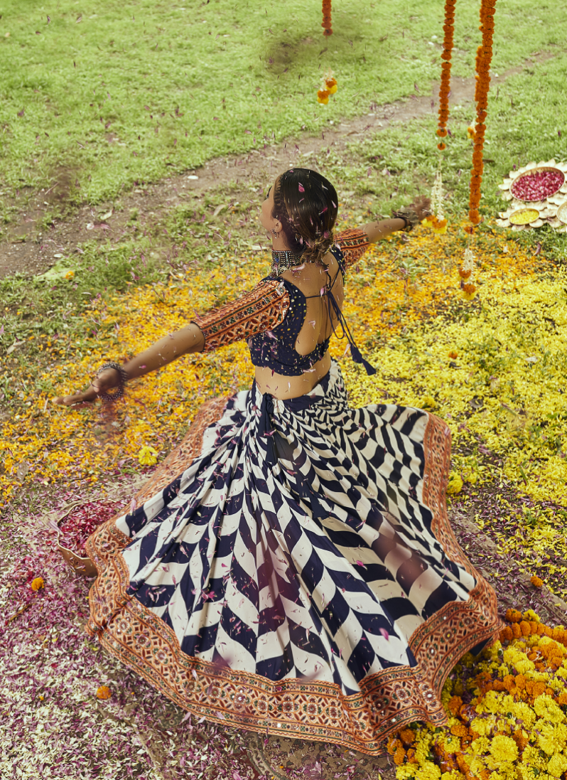 White and Navy Blue Muslin Cotton Chaniya Choli For Navratri