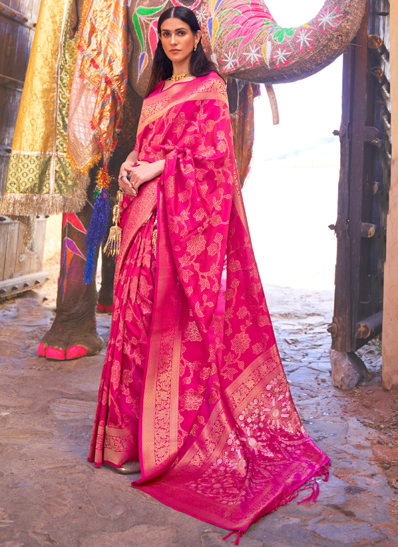 Hot Pink Soft Silk Sequence Work Wedding Wear Saree+