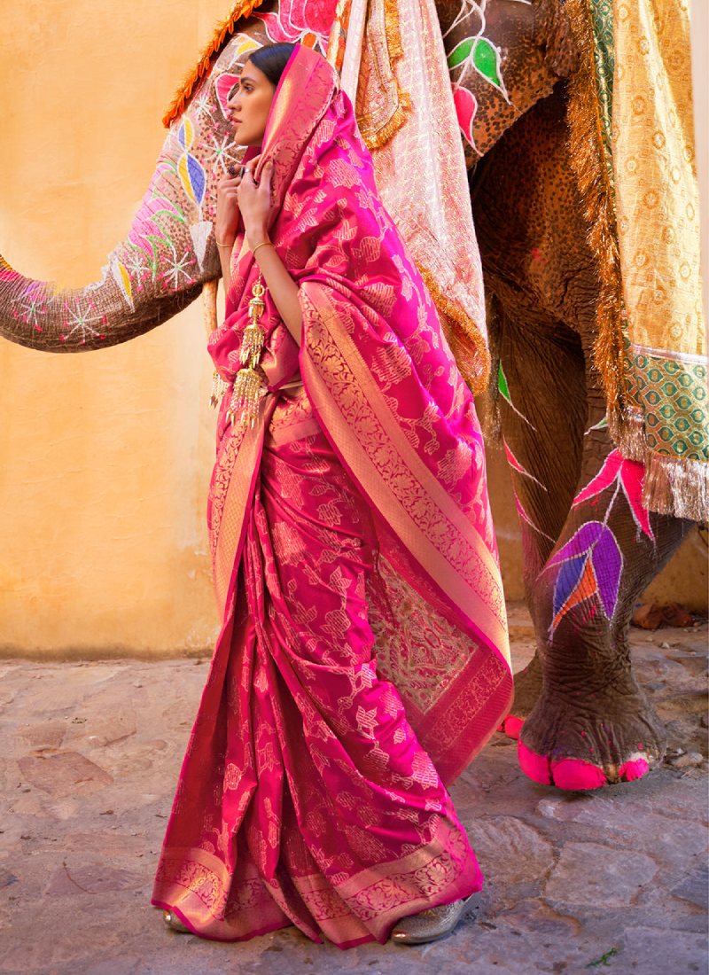 Hot Pink Soft Silk Sequence Work Wedding Wear Saree