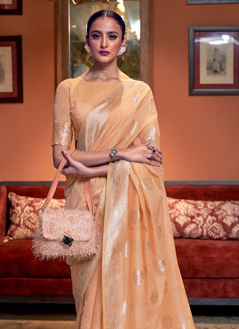 Ethnic Wear Light Orange Linen Saree For Festival