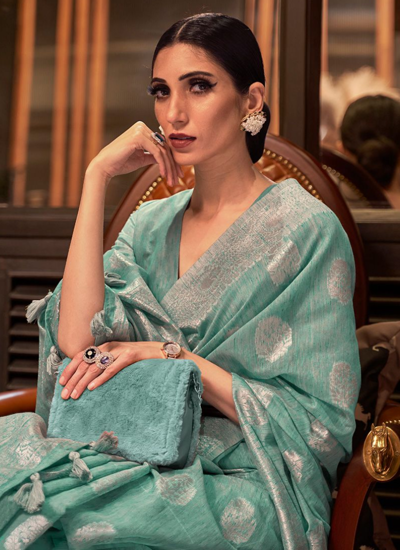 Graceful Sea Green Linen Festive Wear Women Saree