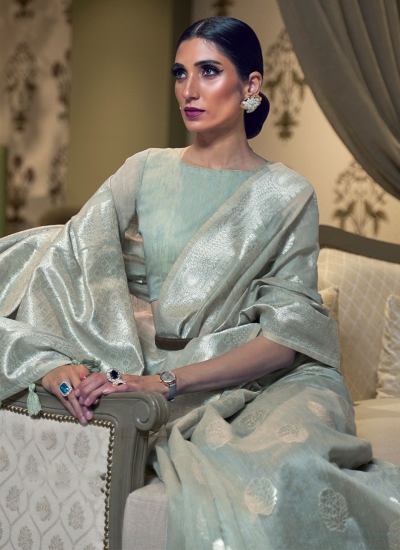 Lavish Light Grey Linen Wedding Wear Saree Online