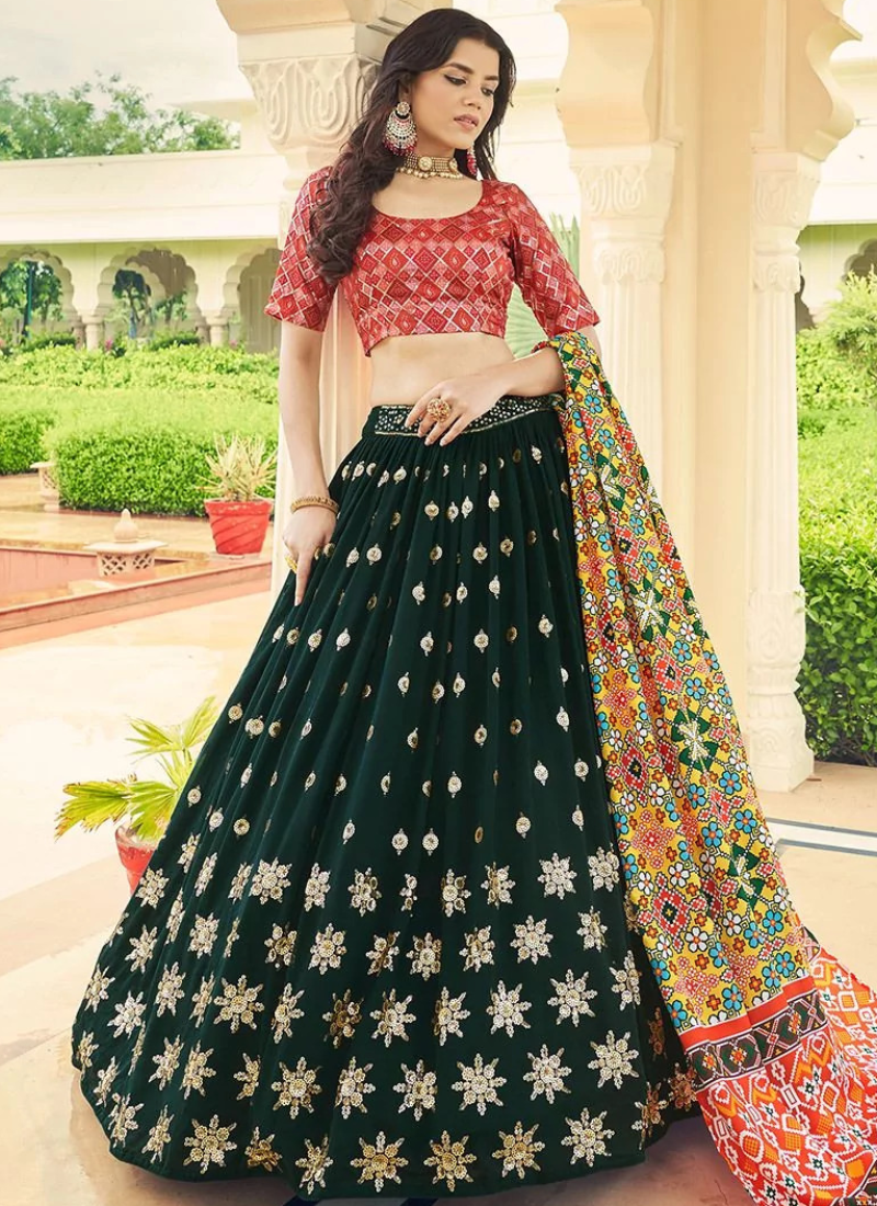 Charming Thread Work Dark Green Georgette Lehenga Choli