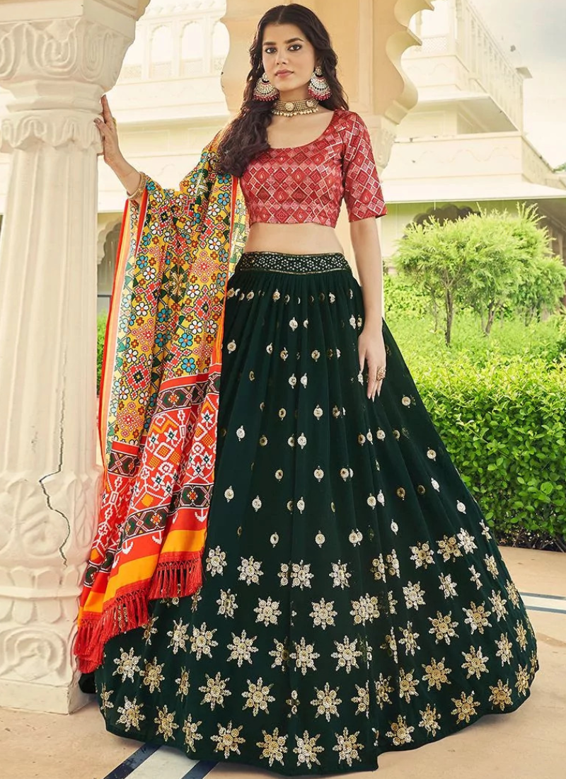 Charming Thread Work Dark Green Georgette Lehenga Choli