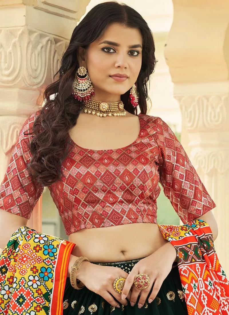 Charming Thread Work Dark Green Georgette Lehenga Choli