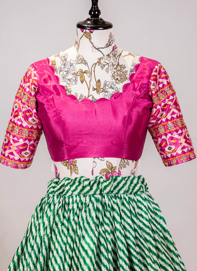 Chinon Green Leheriya Patola Printed Designer Lehenga Choli