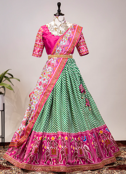 Chinon Green Leheriya Patola Printed Designer Lehenga Choli