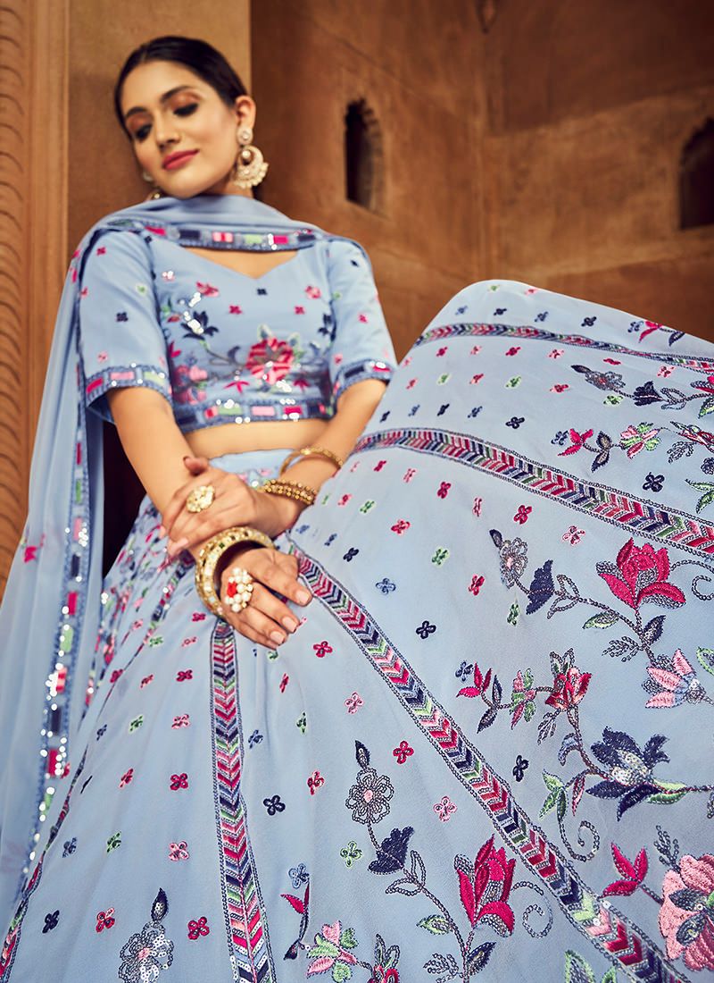 Classic Floral Thread Embroidered Sky Blue Georgette Lehenga