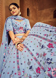 Classic Floral Thread Embroidered Sky Blue Georgette Lehenga