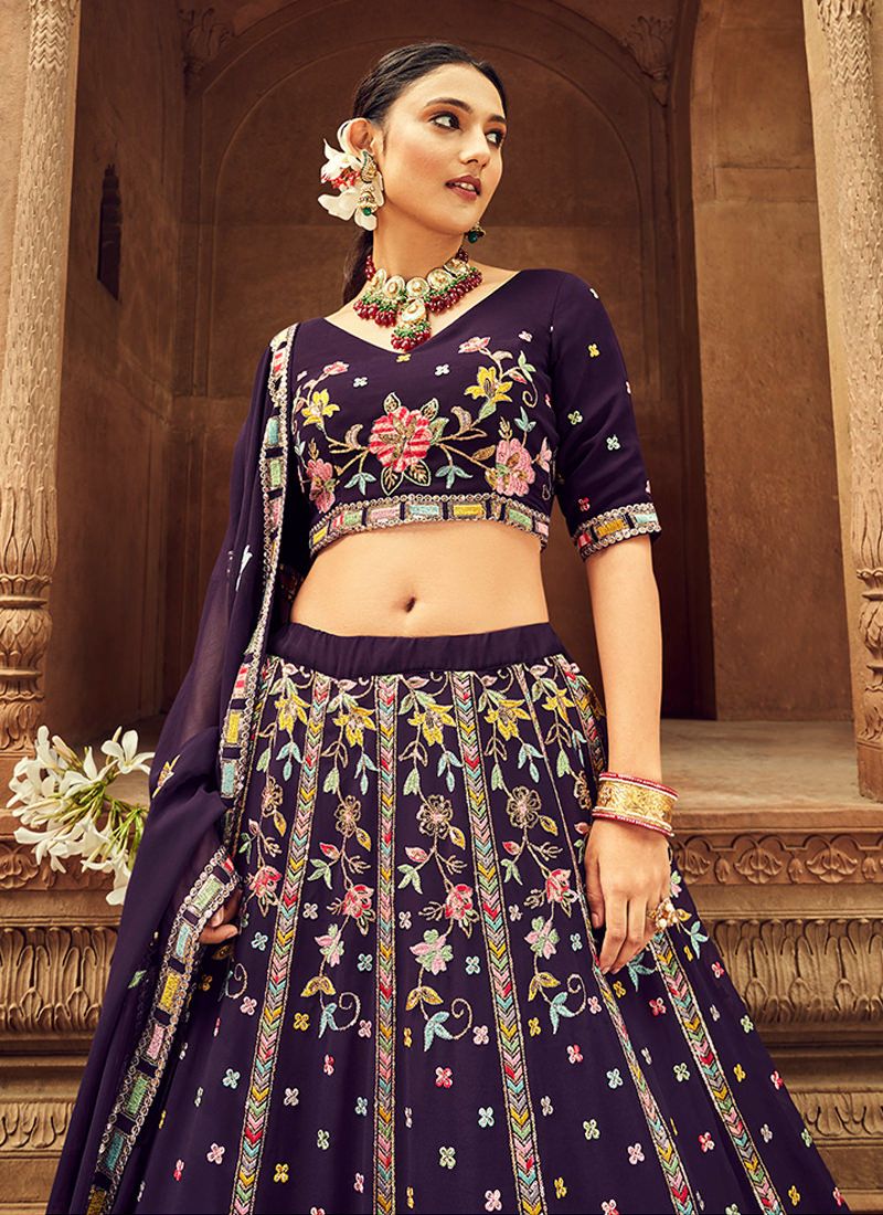 Classical Purple Georgette Thread Embroidered Lehenga Choli