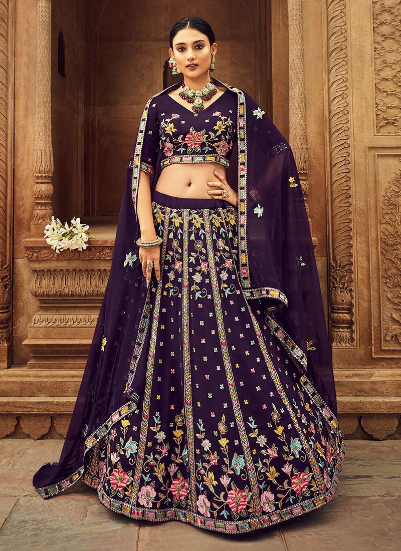 Classical Purple Georgette Thread Embroidered Lehenga Choli