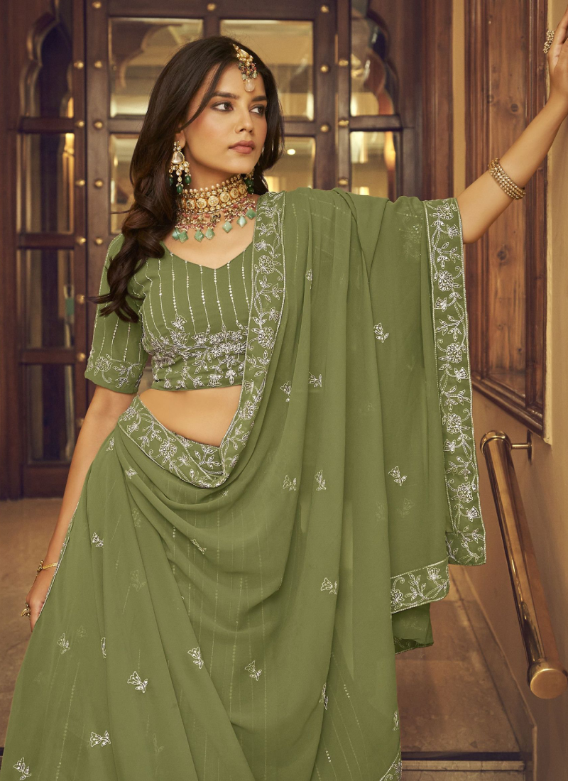 Creative Viscose Work Faux Georgette Mehendi Green Lehenga