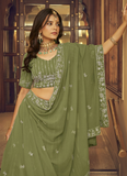 Creative Viscose Work Faux Georgette Mehendi Green Lehenga