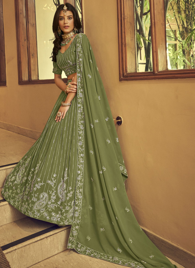 Creative Viscose Work Faux Georgette Mehendi Green Lehenga