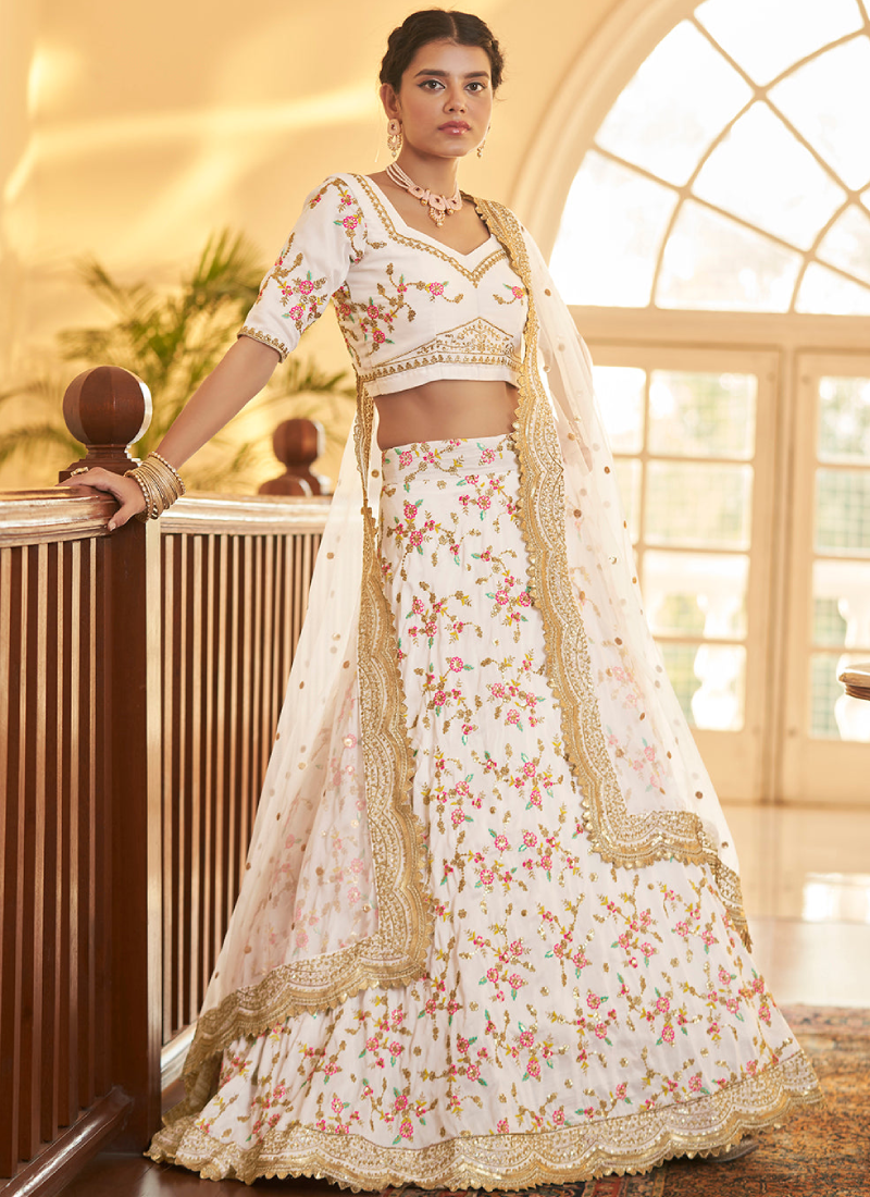 Designer Chinon Silk Multi Embroidery Work White Lehenga Choli