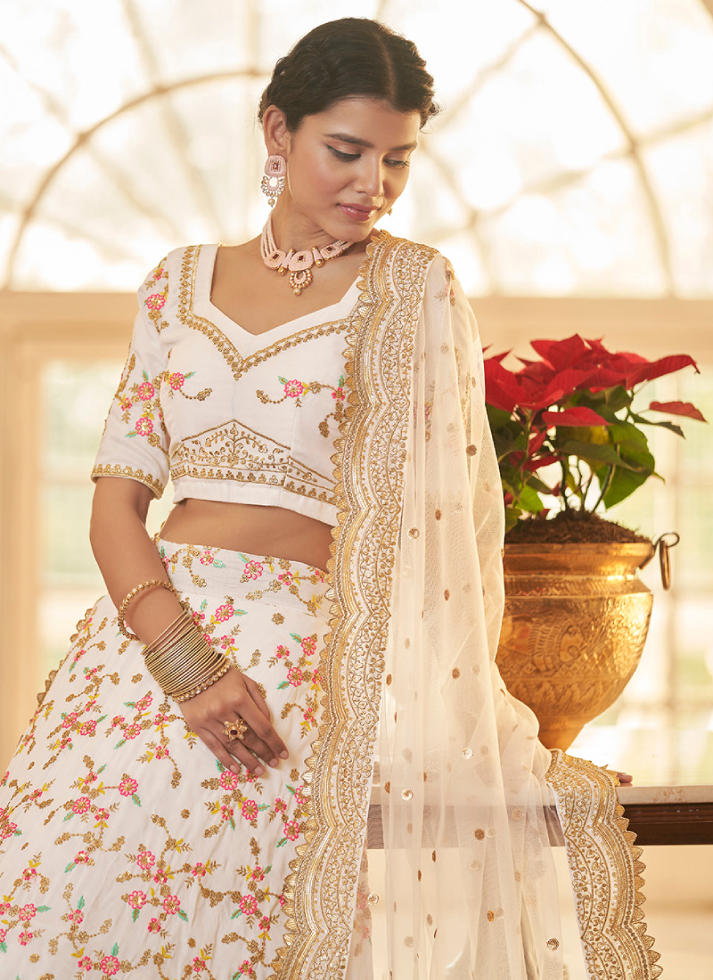 Designer Chinon Silk Multi Embroidery Work White Lehenga Choli