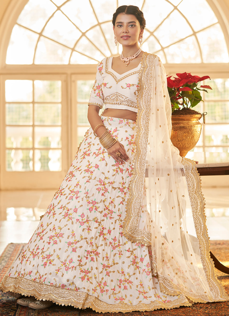 Designer Chinon Silk Multi Embroidery Work White Lehenga Choli