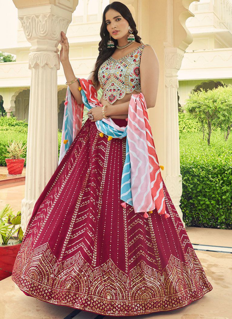 Designer Choli With Dark Pink Thread Work Georgette Lehenga