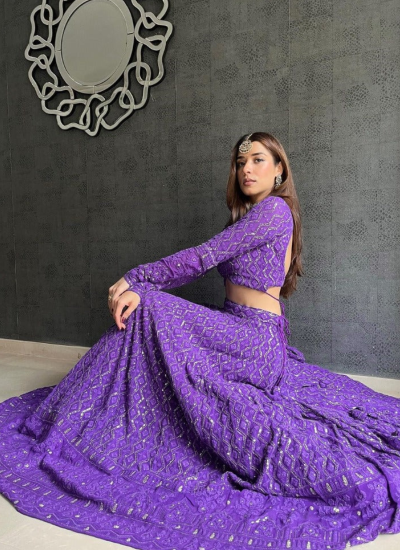 Designer Purple Lakhnavi Thread Work Georgette Lehenga Choli