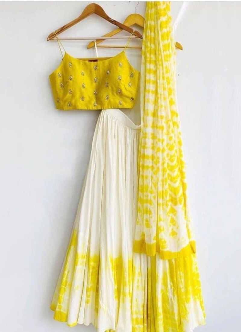 Digital Printed Chinon Yellow And White Lehenga Choli For Haldi