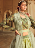 Embroidered Work Green Shaded Silk Lehenga For Mehendi